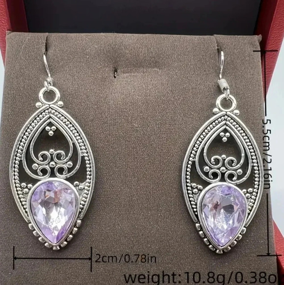 Ornate Filigree Silver Plated Dangle Earrings - Synthetic Stone - Picture 5 of 6